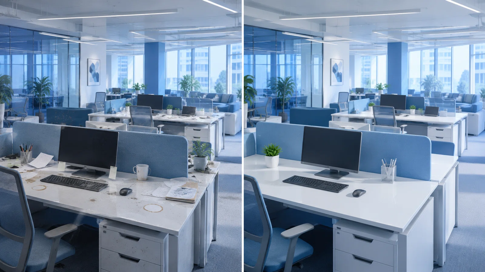 Как поддерживать чистоту в open space без остановки работы — до/после